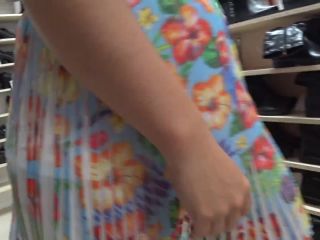 Voyeur spying sexy legs and big ass under the skirt in a public shoe store.-7