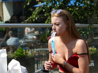 Teen beauty fixing her bra in public public -1