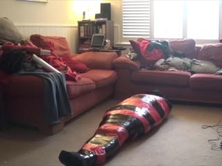 Tightly mummified in pallet wrap with feet and cock tortured with doxy Tickling!-1