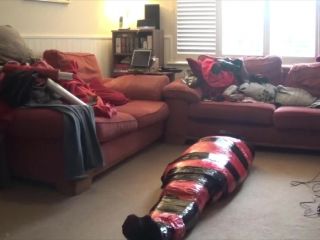 Tightly mummified in pallet wrap with feet and cock tortured with doxy Tickling!-3