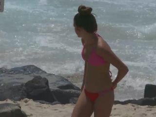 Hot teen in red thong bikini on beach with family-9