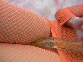 Chloe James plays in orange  fishnets-0