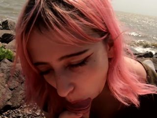 Cute pink hair teen gets oral creampie at the beach-2
