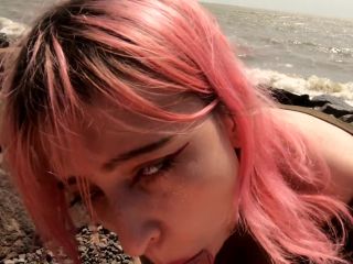 Cute pink hair teen gets oral creampie at the beach-3