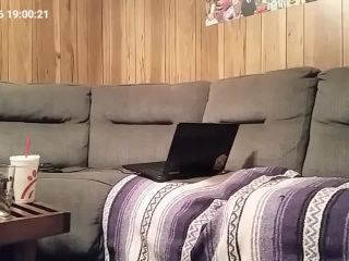 Horny busty girl watching laptop porn and fingering pussy on the couch-9