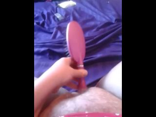Amateur chubby horny girl selfie masturbating with pink hairbrush-0