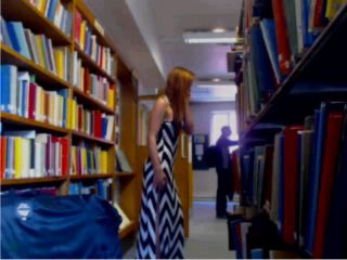 Englishrose flashing and stripping in a public library,  on webcam -0