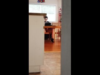 Spying horny glasses girl watching porn and fingering pussy under table-4