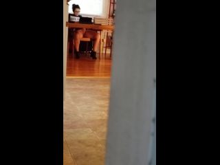 Spying horny glasses girl watching porn and fingering pussy under table-7